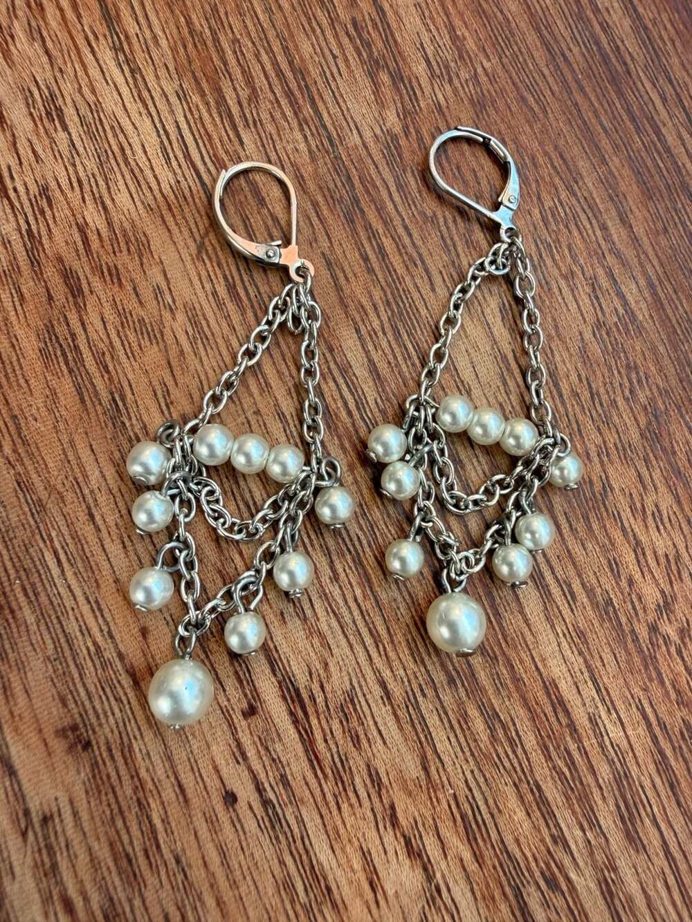 Beach Silver Tone Chain Chandelier Earrings Faux Pearl Drapes Leverback Closures